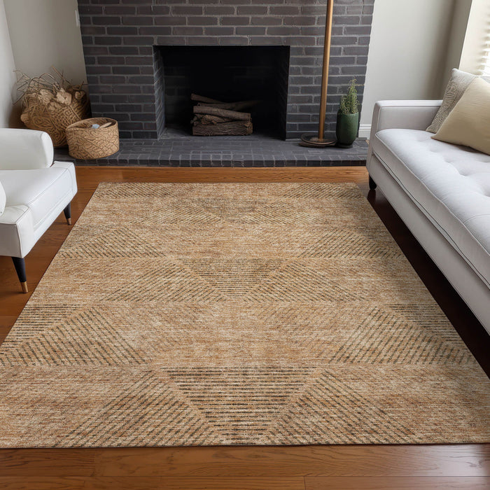 8' X 10' Geometric Washable Area Rug With UV Protection - Copper And Brown