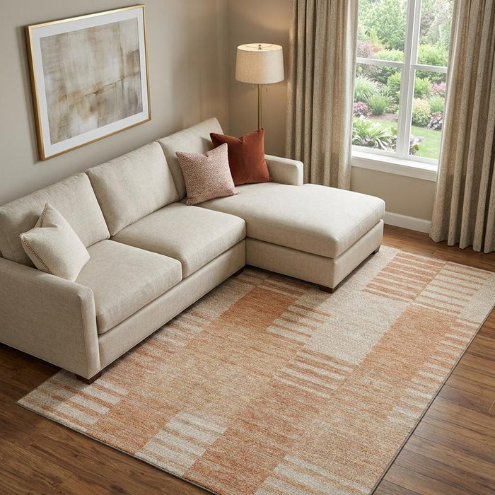 10' X 14' Striped Washable Area Rug With UV Protection (656226) - Salmon / Ivory