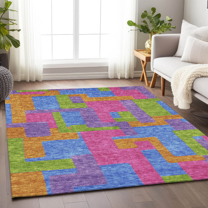 10' X 14' Abstract Geometric Washable Area Rug With UV Protection - Purple