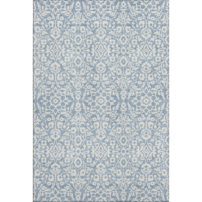 10' X 14' Damask Washable Area Rug With UV Protection (673115) - Denim Blue / Ivory