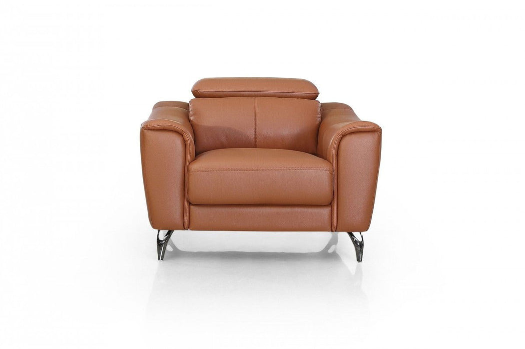 Genuine Leather And Silver Solid Color Lounge Chair - Brown