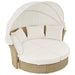 Giga outdoor wicker rattan double patio daybed with retractable canopy, round sofa, four pillows, ideal for garden or lawn seating.