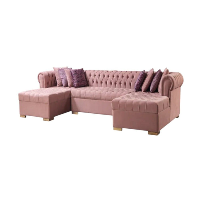 Velvet U Shaped Three Piece Sofa Chaise Sectional With Toss Pillows - Pink