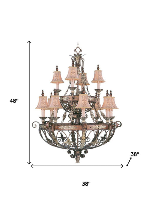 Twelve Light Metal Dimmable Chandelier With Shades - Bronze / Cream