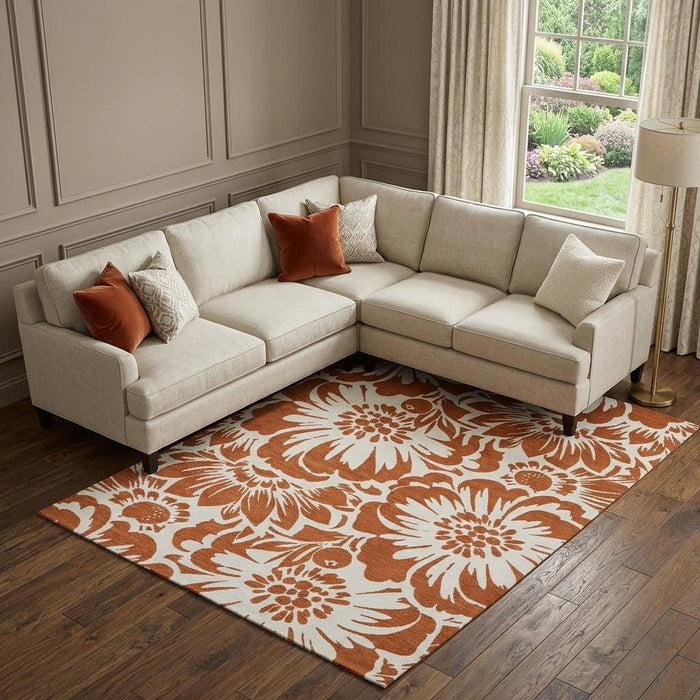 8' X 10' Floral Washable Area Rug With UV Protection (648680) - Rust / Ivory
