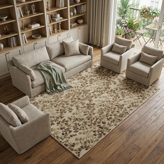 9' X 12' Floral Hand Tufted Area Rug (744378) - Ivory / Taupe / Brown