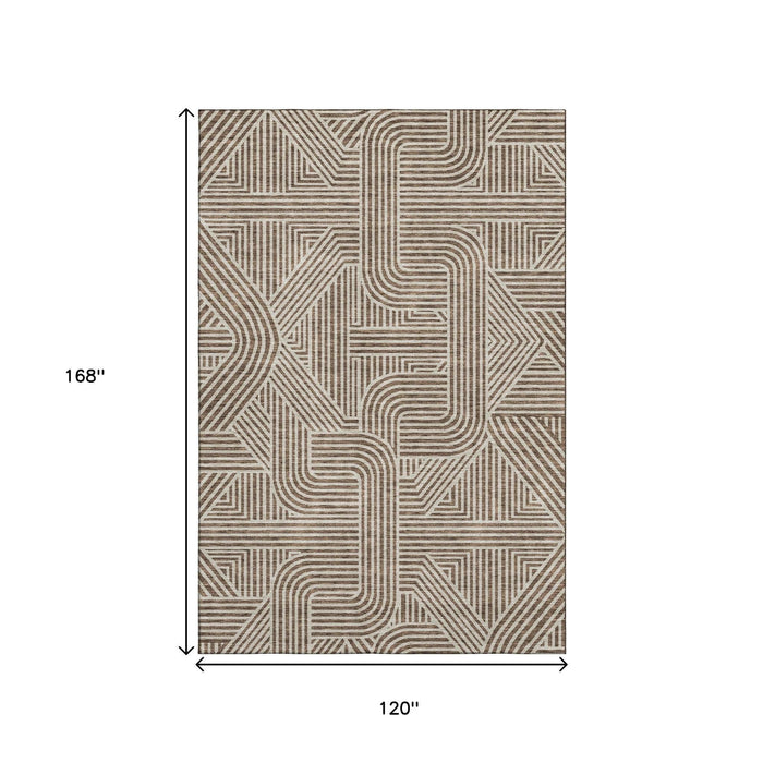 10' X 14' Abstract Geometric Washable Area Rug With UV Protection (672899) - Brown / Ivory