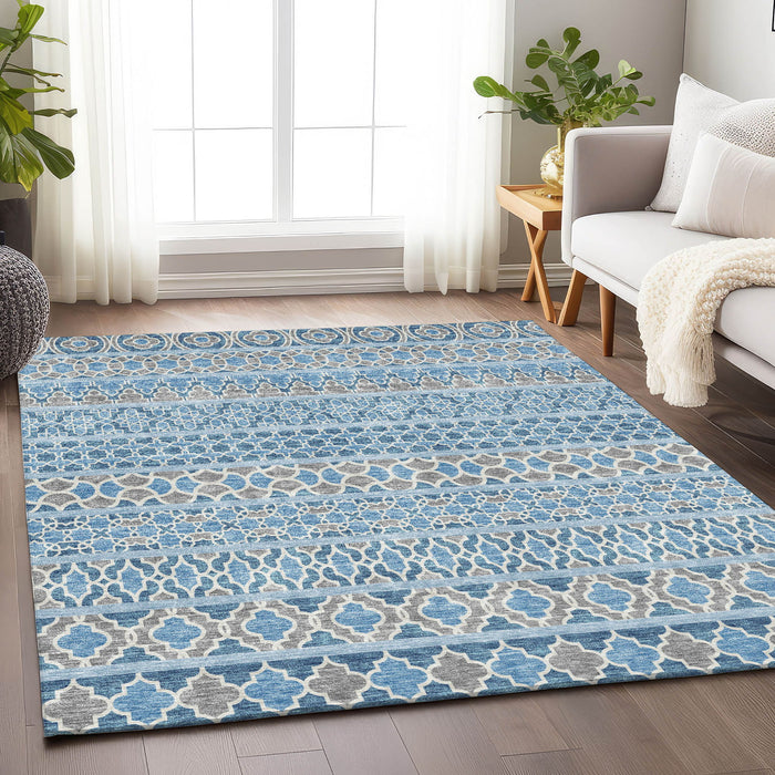 10' X 14' Transitional Ikat Washable Area Rug With UV Protection - Sky Blue