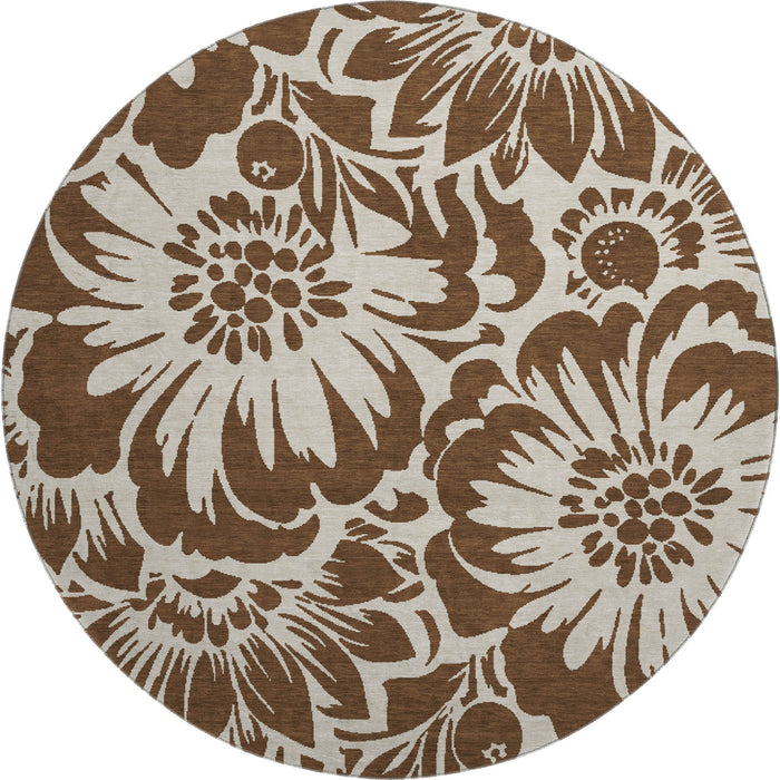 8' Floral Washable Round Rug With UV Protection (648625) - Brown / Ivory