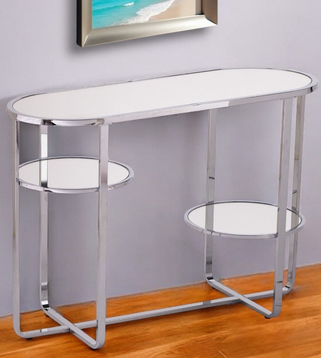 Mirrored Glass Oval Cross Console Table With Shelves - Silver