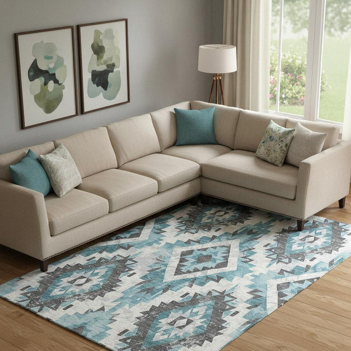 10' X 14' Southwestern Washable Area Rug With UV Protection (706613) - Teal / Charcoal / Ivory
