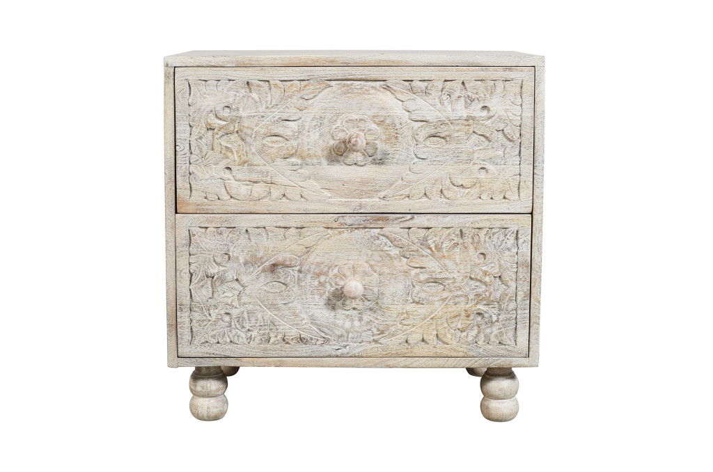24" Solid Wood Distressed Carved Scrollwork Two Drawer Nightstand - Natural And White