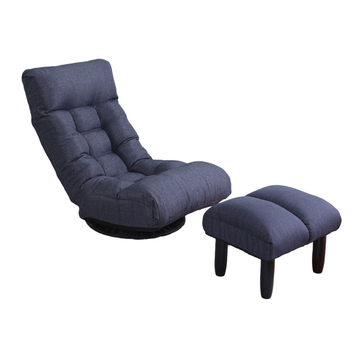 Giga adjustable Japanese reclining floor chair with metal frame, featuring a plush cushion and ottoman for comfortable living room seating.