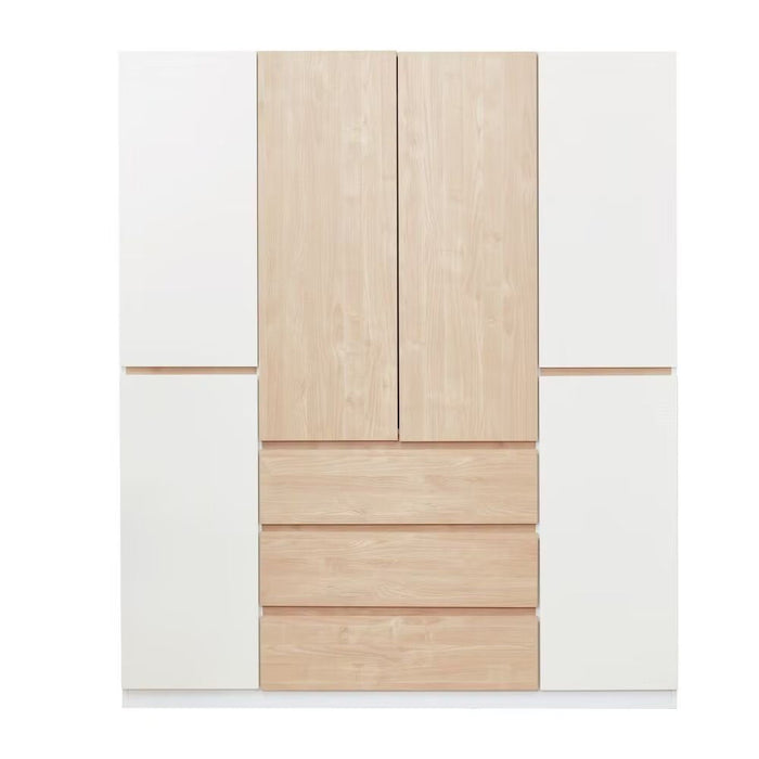 White and natural 75-inch six-door three-drawer combo dresser by HomeRoots, featuring ample storage and modern wardrobe design.