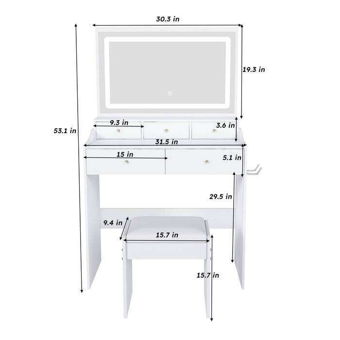 Giga modern makeup vanity set with adjustable lighting, power outlet, and hair dryer holder, featuring a sleek mirror and organized surface.