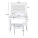Giga modern makeup vanity set with adjustable lighting, power outlet, and hair dryer holder, featuring a sleek mirror and organized surface.