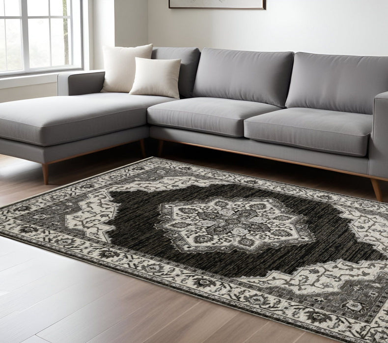7' X 10' Medallion Area Rug With Fringe - Charcoal And Ivory