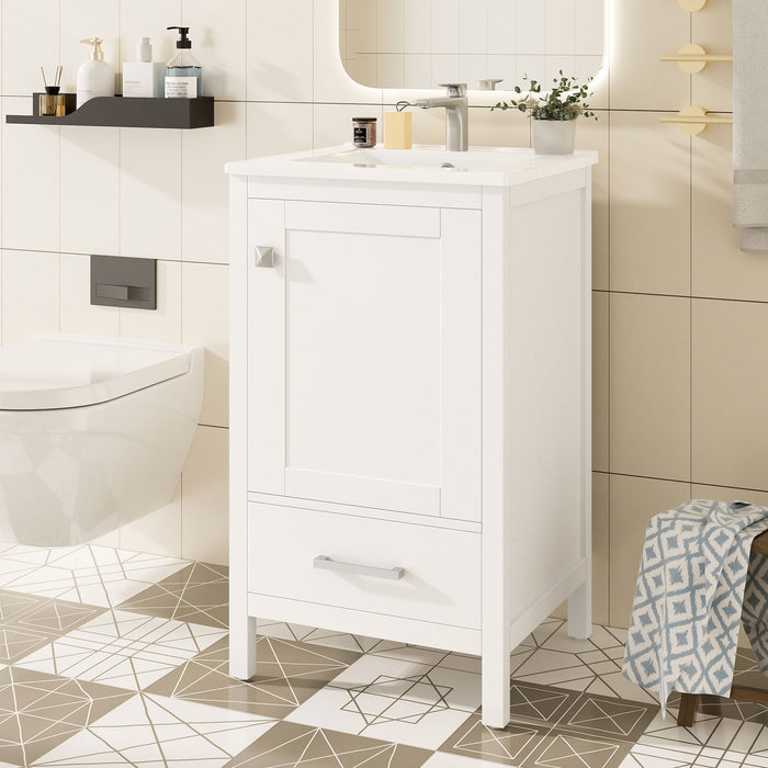 Giga bathroom vanity with ceramic sink, soft-close drawers, door organizer, divider drawer, and adjustable foot pads.