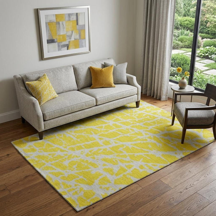 5' X 8' Abstract Washable Area Rug With UV Protection (646598) - Yellow / Ivory