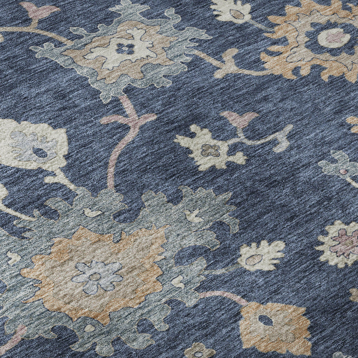 10' X 14' Floral Washable Area Rug With UV Protection (688498) - Navy Blue / Copper / Gray