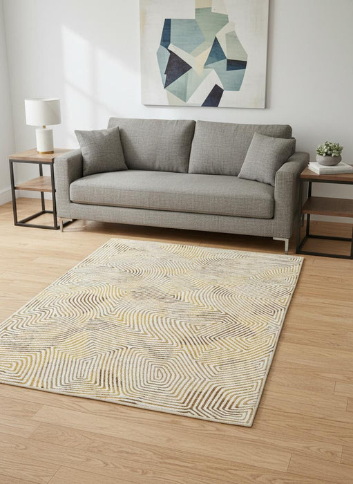 8' Geometric Washable Round Rug With UV Protection (609991) - Beige / Gold / Brown