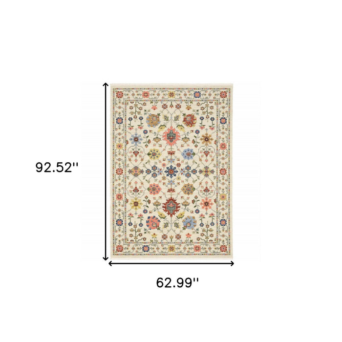 5' x 8' Oriental Power Loom Stain Resistant Area Rug With Fringe - Ivory Salmon Pink Gold Blues Gray Rust And Green