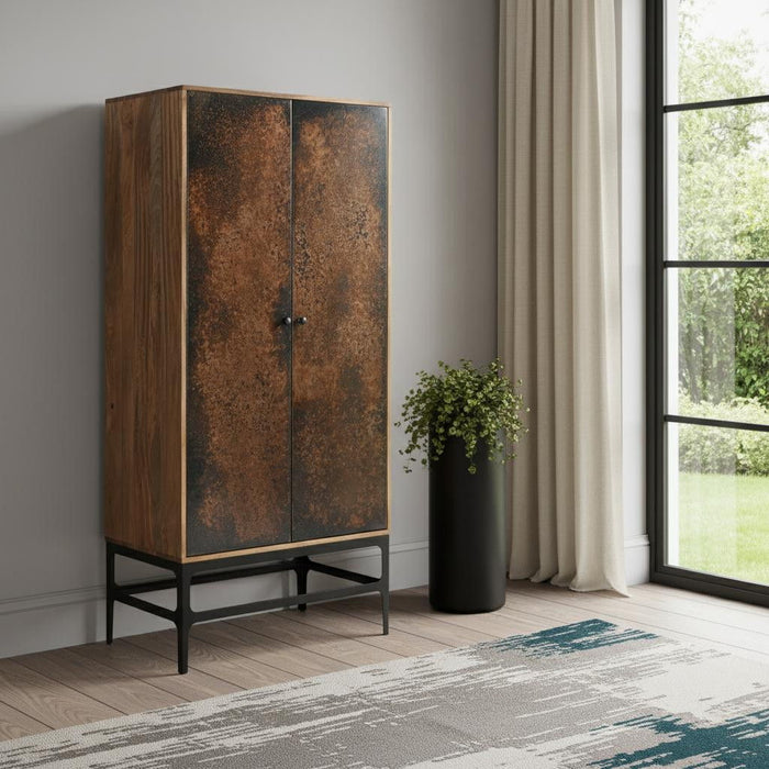 Distressed Solid Wood Frame Accent Cabinet With Two Doors - Copper / Black