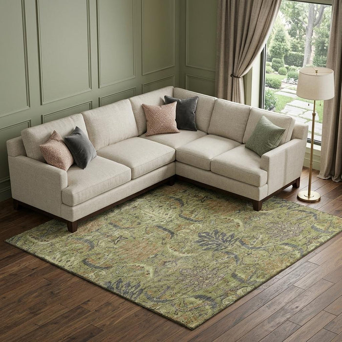 10' X 14' Damask Washable Area Rug With UV Protection (683860) - Artichoke Green / Gold / Charcoal
