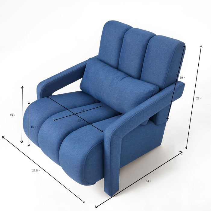 Navy blue Giga upholstered accent arm chair with matching pillow, perfect for living room decor, showing plush fabric and modern design.