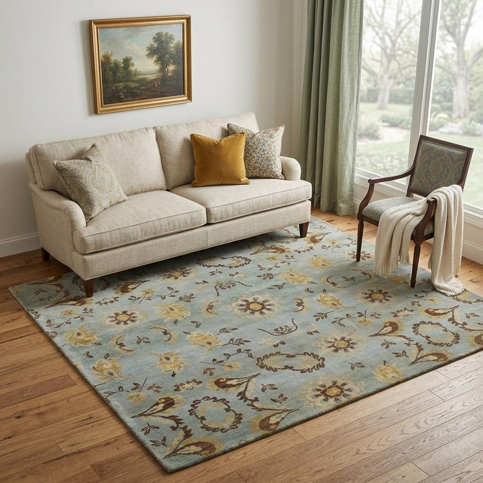 5' X 8' Wool Floral Hand Knotted Area Rug (744156) - Blue / Brown / Tan
