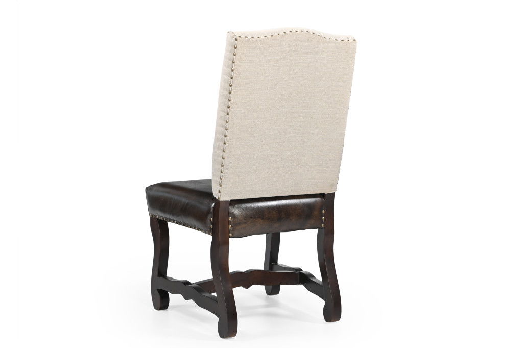 Wood Leather Linen Dining Side Chairs (Set of 2) - Dark Brown