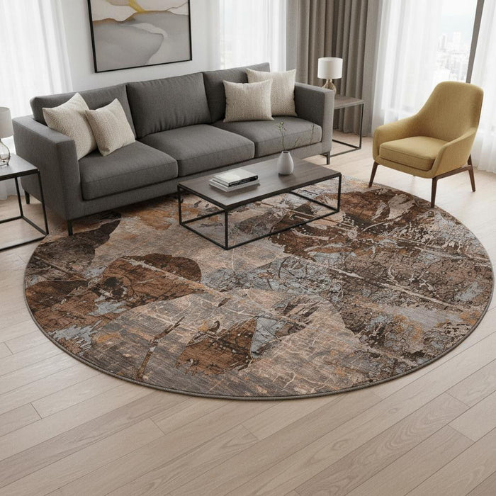 8' Abstract Washable Round Rug With UV Protection (648883) - Terra Cotta / Gray