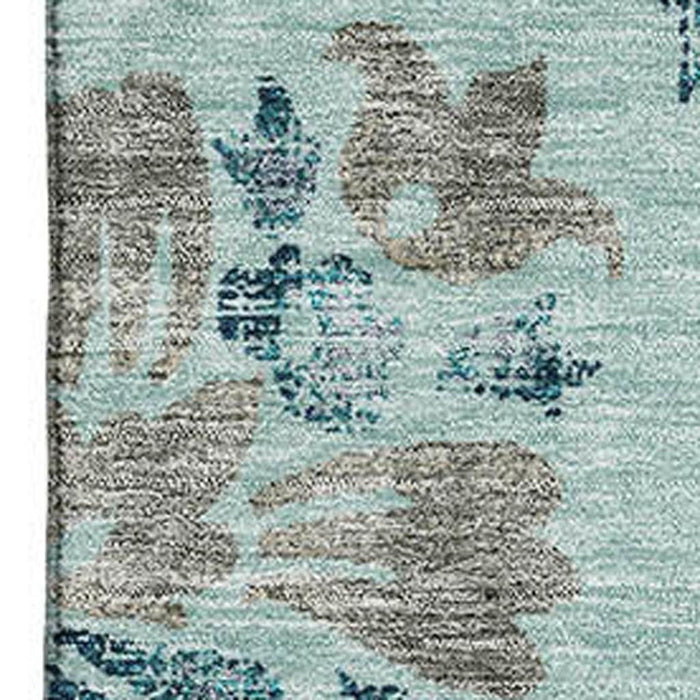 10' X 14' Floral Washable Area Rug With UV Protection - Teal And Gray