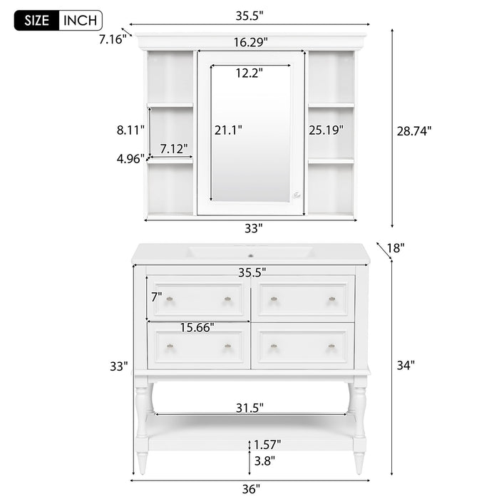 Giga bathroom vanity with medicine cabinet, four drawers, adjustable shelf, and mirror for modern bathroom storage.
