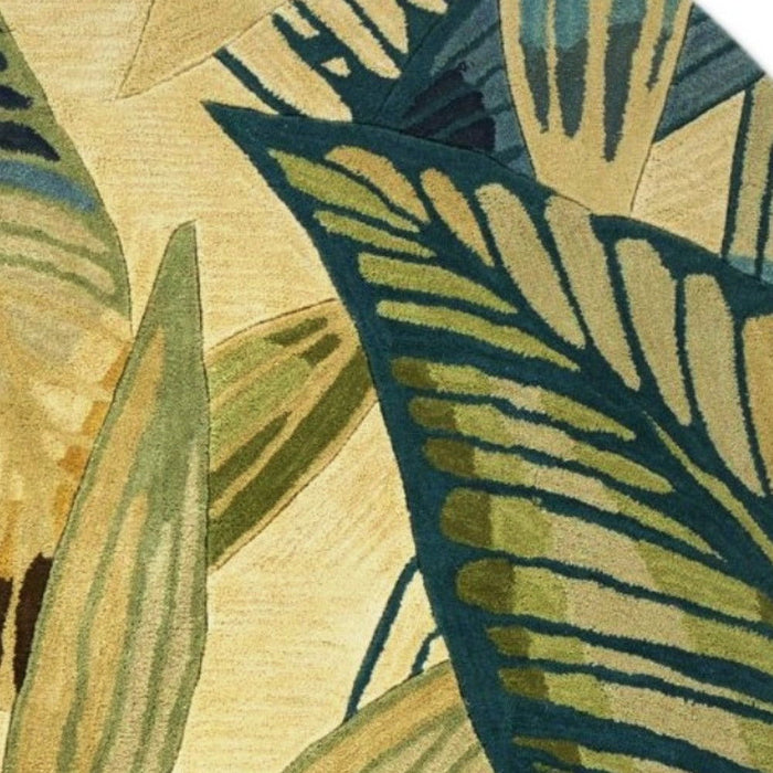 8' Hand Tufted Tropical Leaves Round Indoor Area Rug - Ivory Teal