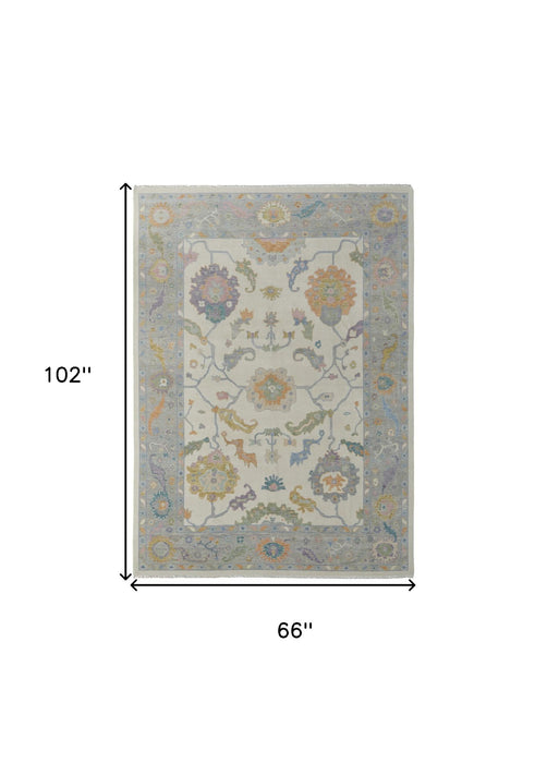6' x 9' Wool Floral Hand Knotted Area Rug With Fringe - Gray Ivory And Orange