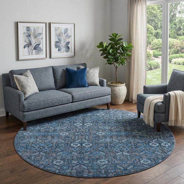 8' Tribal Washable Round Rug With UV Protection (649855) - Blue / Ivory