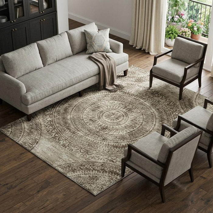 8' X 10' Medallion Washable Area Rug With UV Protection (644896) - Brown / Ivory