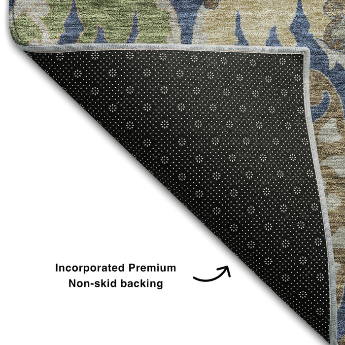10' X 14' Floral Washable Area Rug With UV Protection (686945) - Navy Blue / Olive Green / Brown