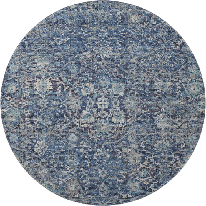 8' Floral Medallion Distressed Washable Round Rug With UV Protection (644219) - Blue / Gray