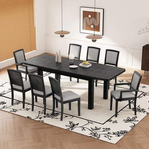 Giga Topmax rustic extendable dining table set with removable leaf, six upholstered armless chairs, and two padded armchairs, 9-piece set.