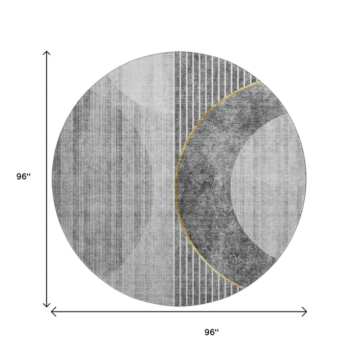 8' Geometric Washable Round Rug With UV Protection (655737) - Charcoal / Gold / Silver