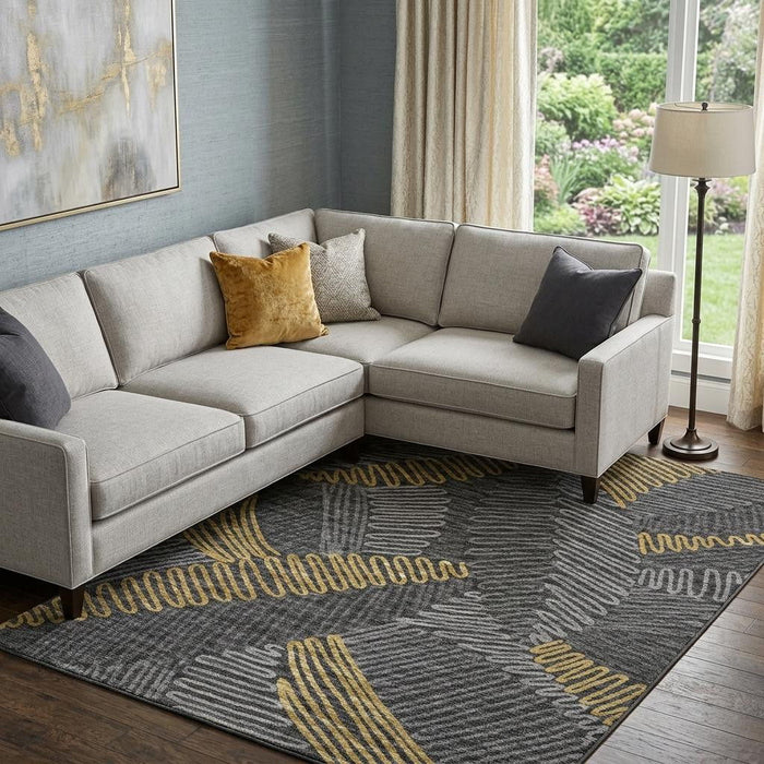 9' X 12' Botanical Leaves Washable Area Rug With UV Protection (645011) - Gray / Gold / Black