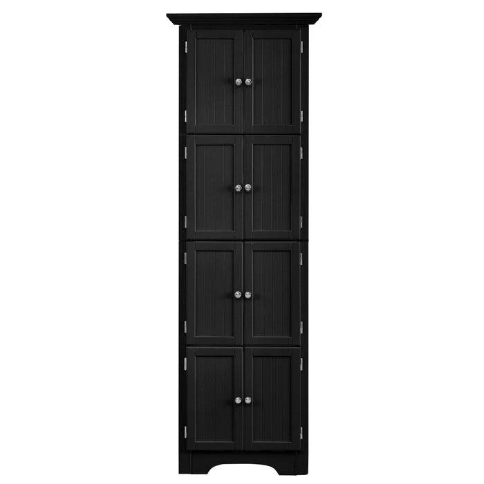 Giga tall accent storage cabinet with doors and four shelves, ideal for living room, kitchen, office, bedroom, or bathroom.