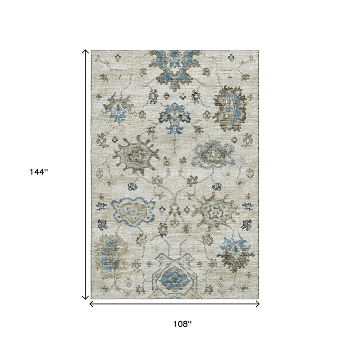 9' X 12' Floral Medallion Distressed Washable Area Rug With UV Protection (644609) - Blue / Ivory / Gray