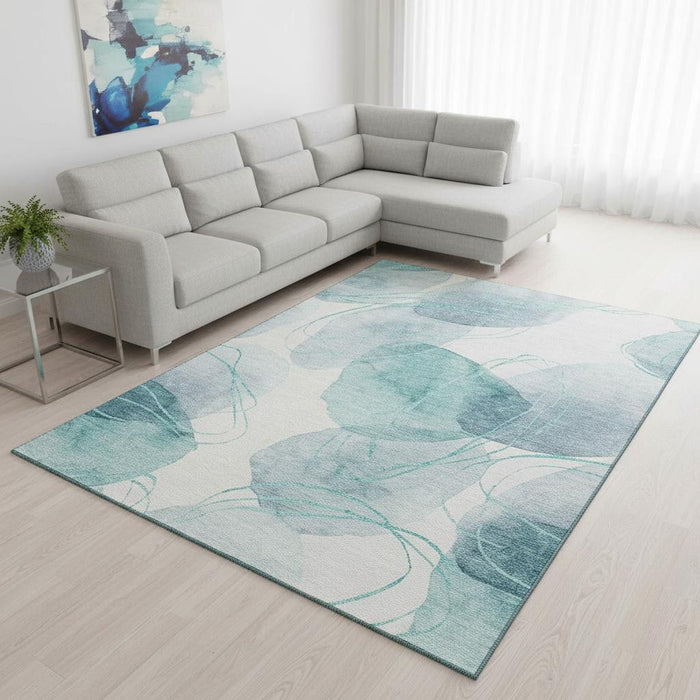 10' X 14' Abstract Washable Area Rug With UV Protection (648442) - Teal / Ivory