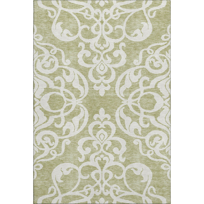 10' X 14' Damask Washable Area Rug With UV Protection (676890) - Artichoke Green / Ivory