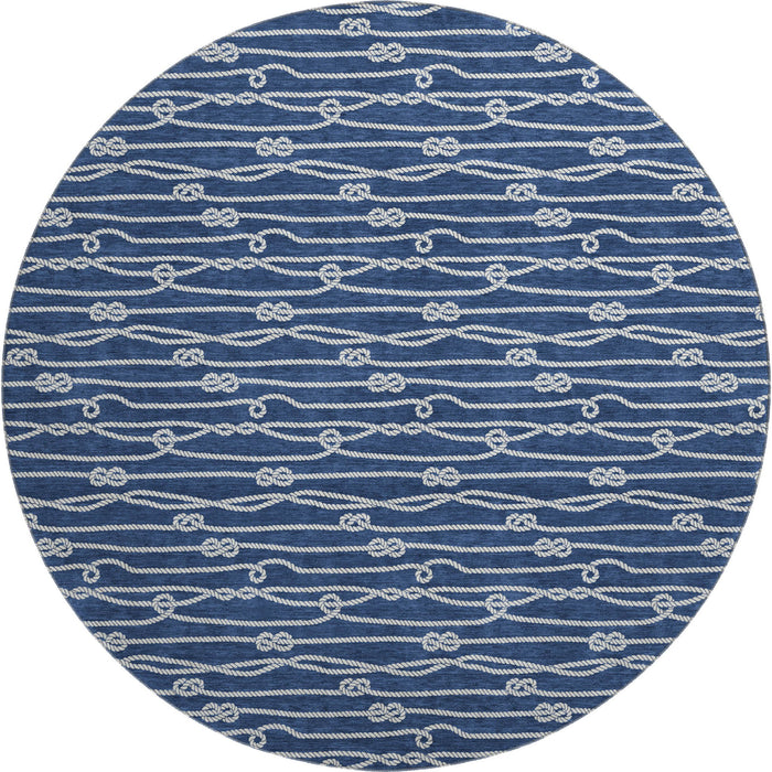 8' Nautical Washable Round Rug With UV Protection - Navy Blue / Ivory
