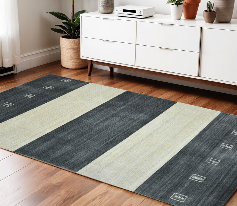 4' X 6' Wool Striped Hand Woven Area Rug - Charcoal And Ivory