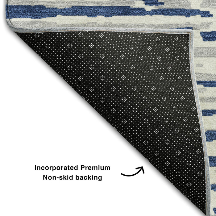 10' X 14' Striped Washable Area Rug With UV Protection (670573) - Navy Blue / Ivory